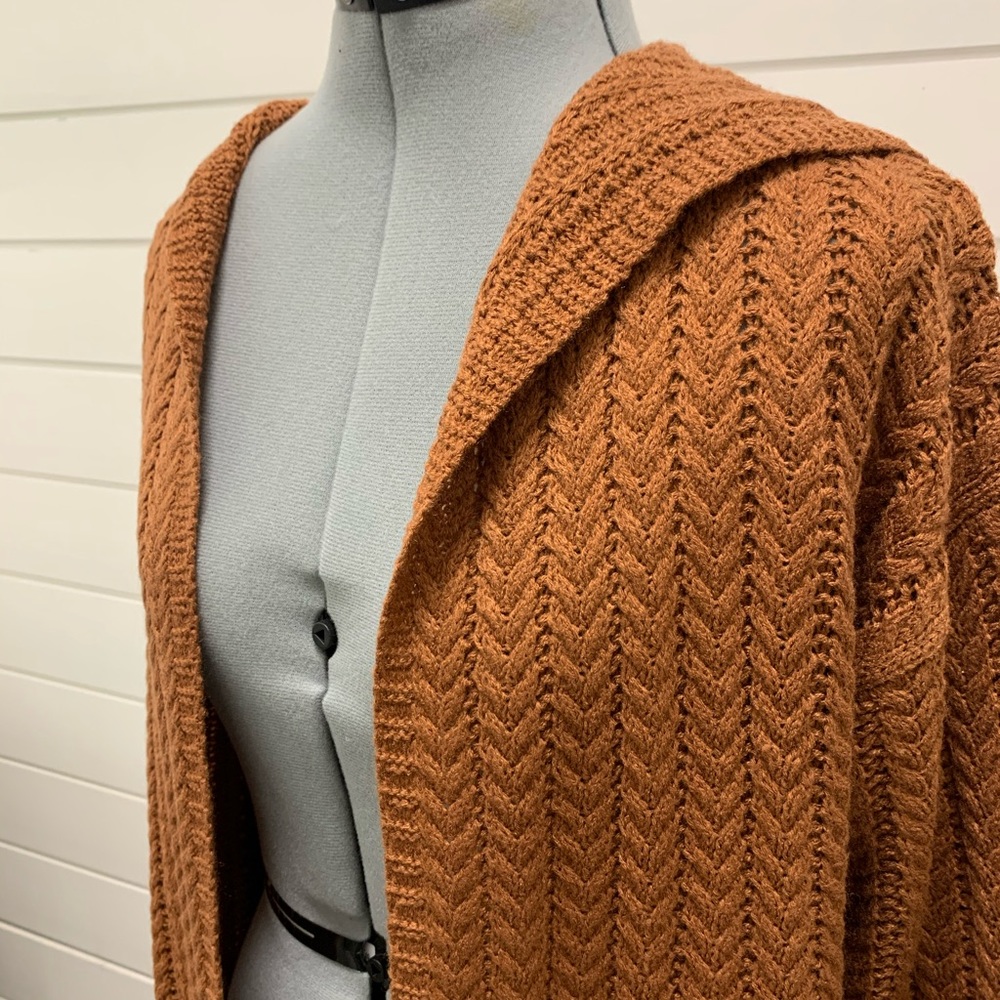 Pink Rose thigh length cardigan in copper brown.